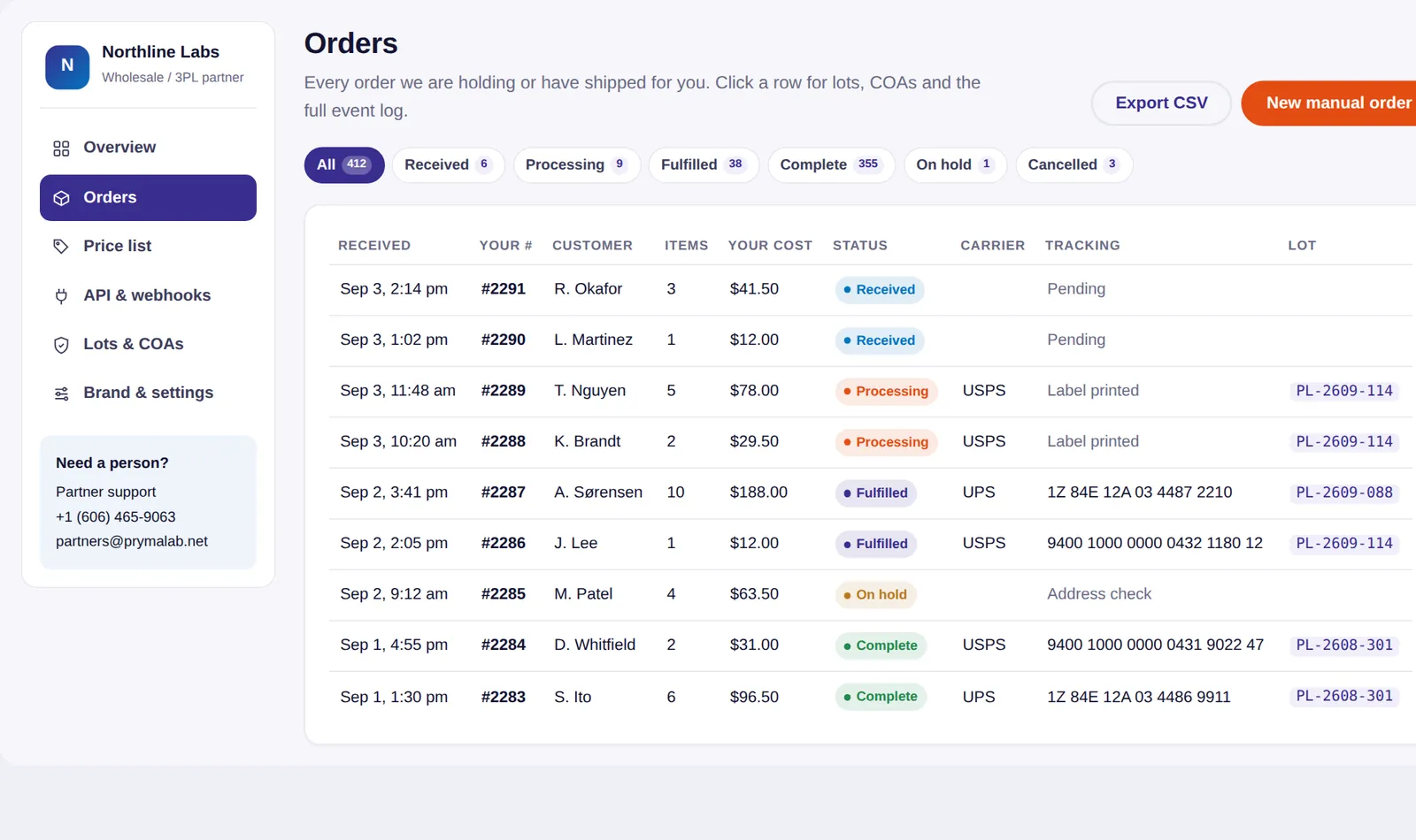 Partner dashboard listing 3PL orders with status, tracking and lot numbers
