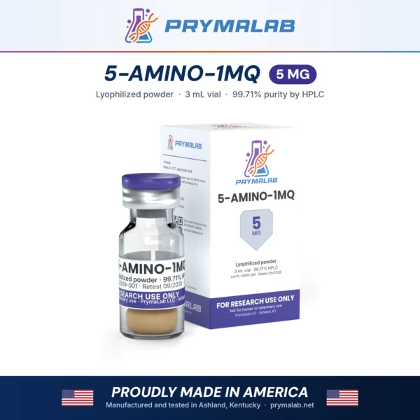 5-AMINO-1MQ 5 mg lyophilized research peptide vial with carton – PrymaLab, made and tested in the USA