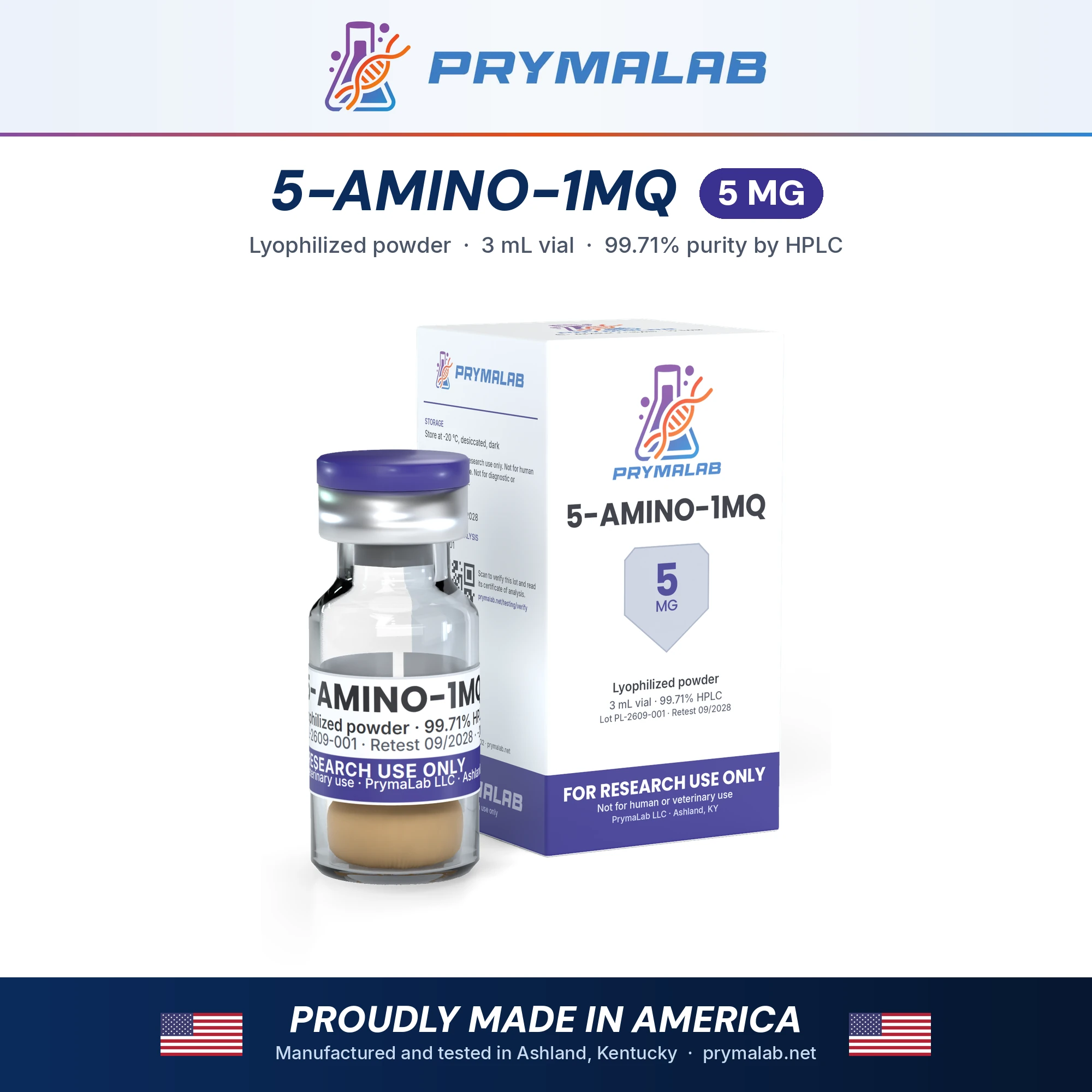 5-AMINO-1MQ 5 mg lyophilized research peptide vial with carton – PrymaLab, made and tested in the USA