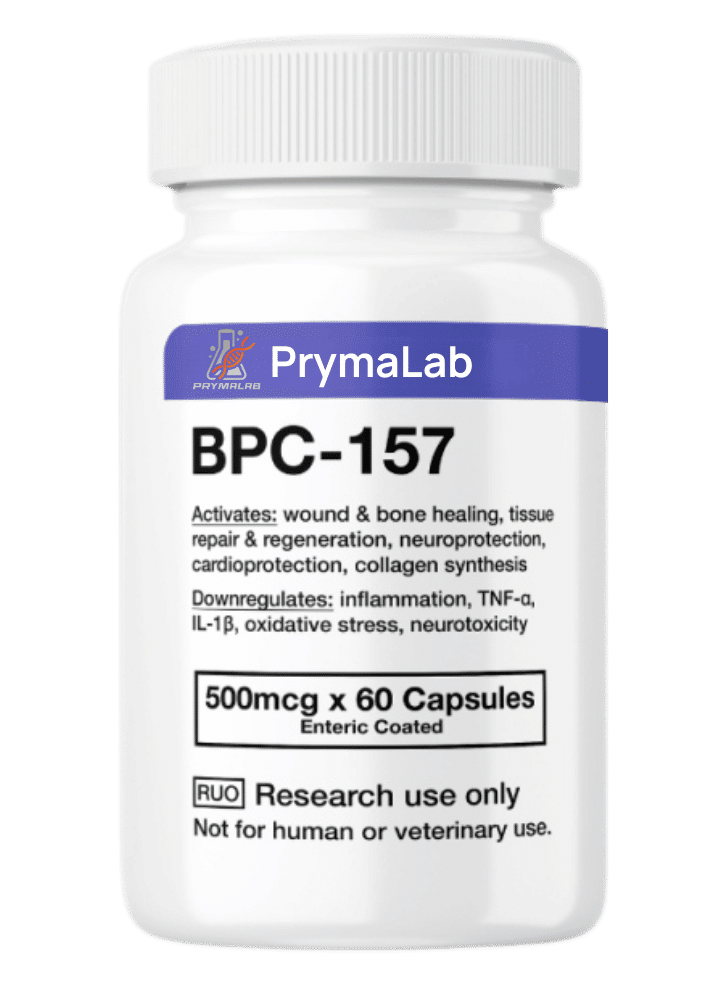 BPC-157 Capsules 60 count 500mcg bottle from PrymaLab research peptides