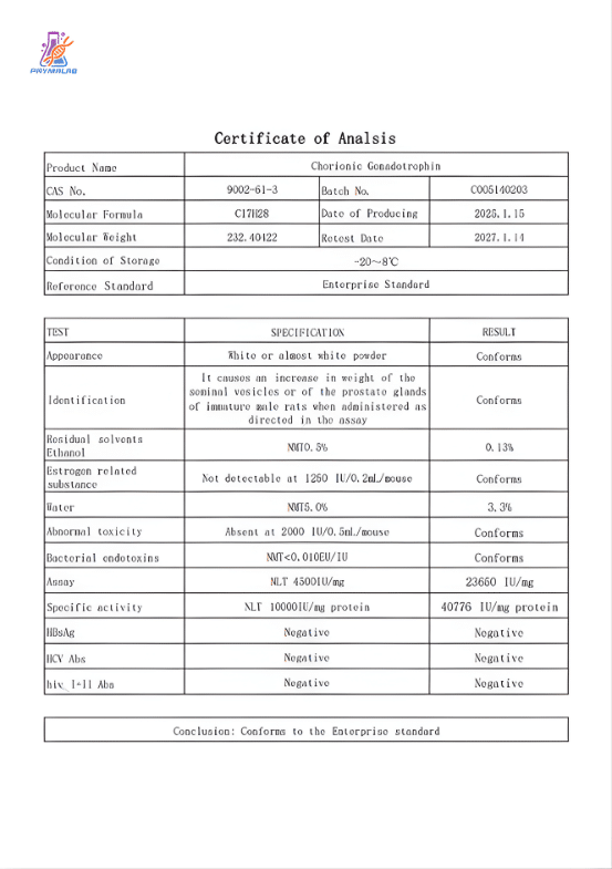 HCG 10,000 IU COA (Certificate of Analysis) validating human chorionic gonadotropin potency (IU), identity (immunoassay), and purity (HPLC/SDS‑PAGE) with sterility/endotoxin results