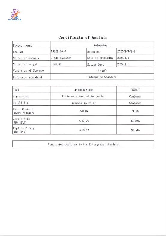 Melanotan 1 COA (Certificate of Analysis) confirming melanotan‑1 peptide identity by LC‑MS and HPLC purity