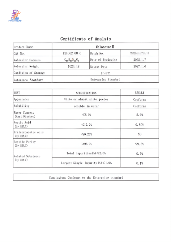 Melanotan 2 10mg COA (Certificate of Analysis) confirming melanotan‑II peptide identity by LC‑MS and HPLC purity