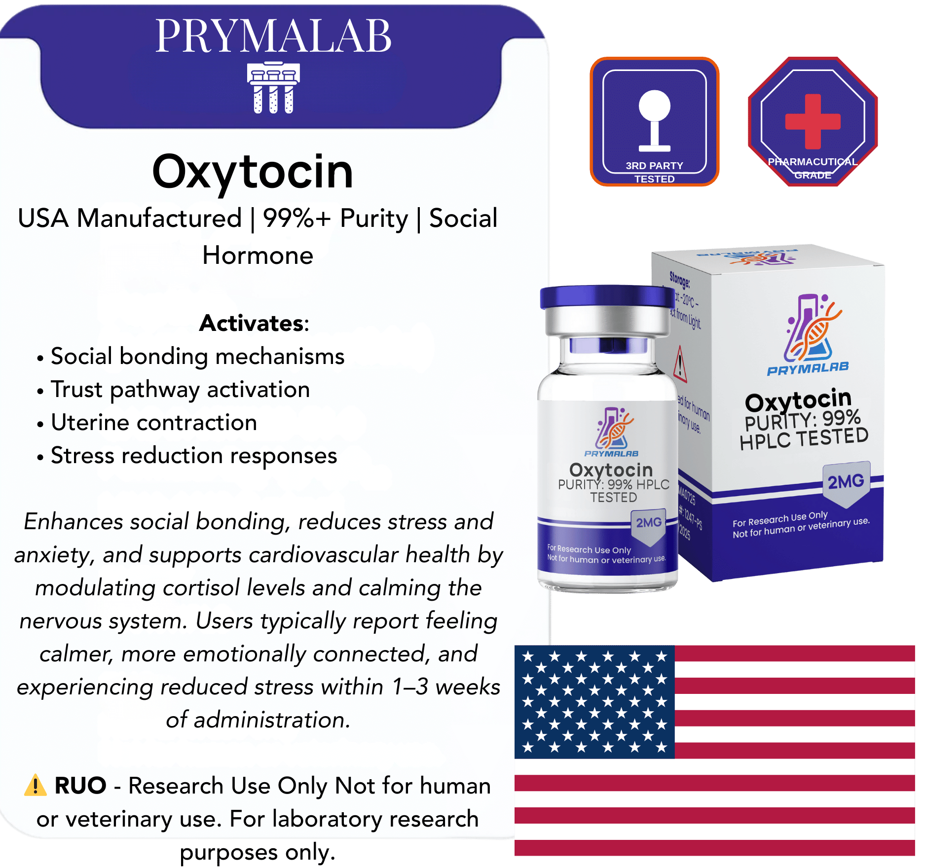 Oxytocin 2 mg lyophilized powder in amber vial – white label reads “Oxytocin 2 mg – Mood & Bonding”