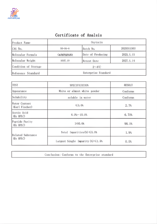Oxytocin 2mg COA (Certificate of Analysis) confirming research‑grade oxytocin peptide identity by LC‑MS and HPLC purity