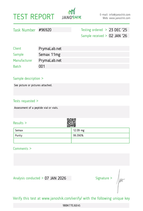 Semax 11mg HPLC lab test Certificate of Analysis showing 99.39% purity and 12.01mg content from Pryma Lab
