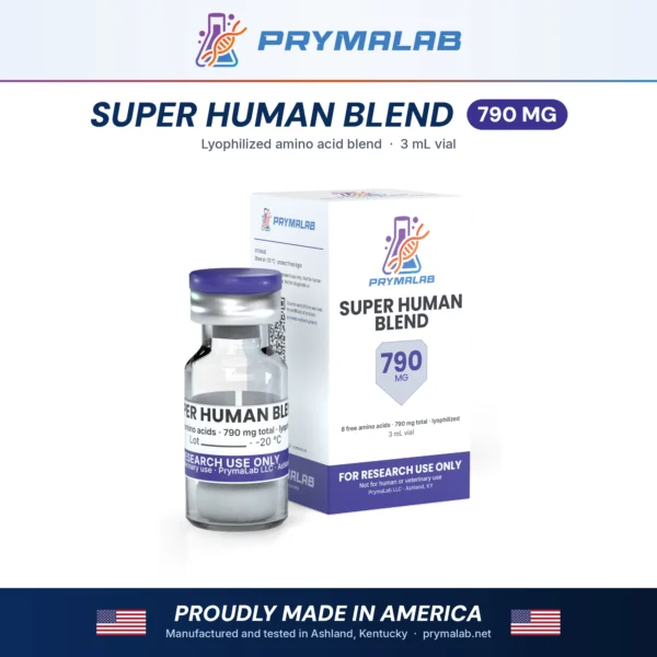 Super Human Blend 790 mg lyophilized research peptide vial with carton – PrymaLab, made and tested in the USA