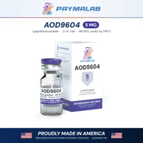 Aod9604 5 mg lyophilized research peptide vial with carton – PrymaLab, made and tested in the USA