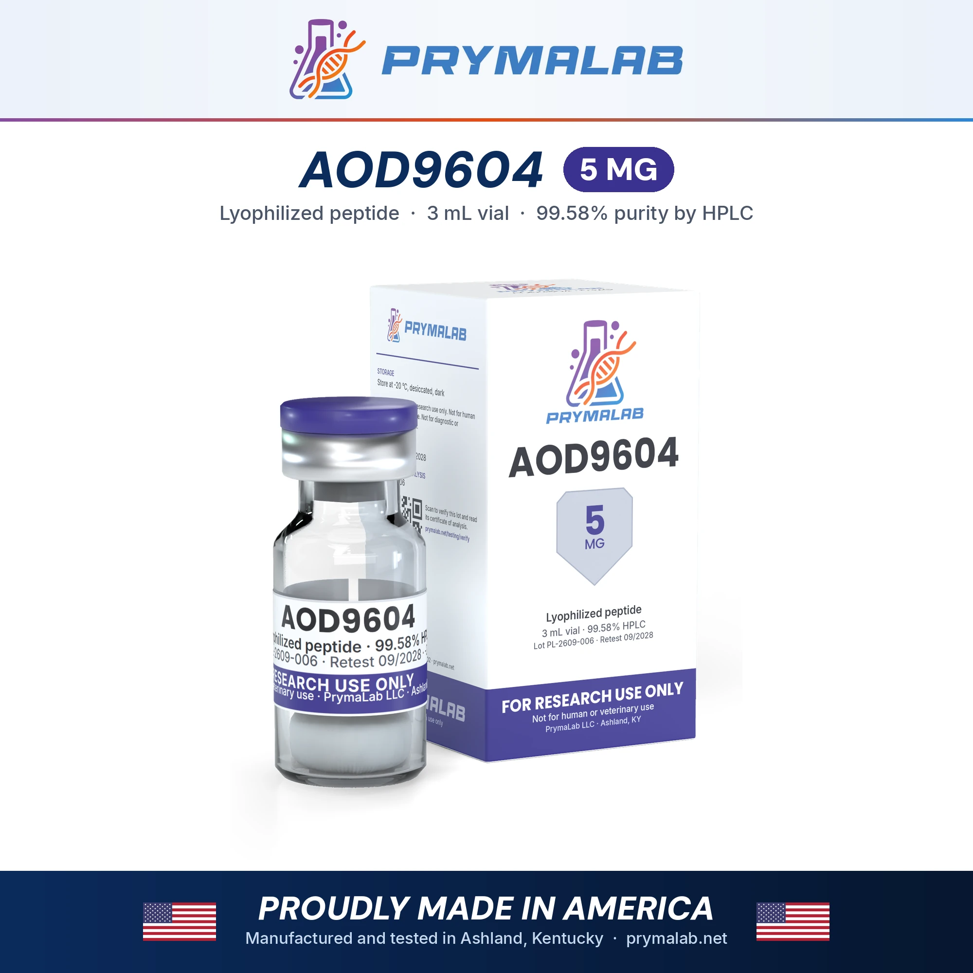 Aod9604 5 mg lyophilized research peptide vial with carton – PrymaLab, made and tested in the USA