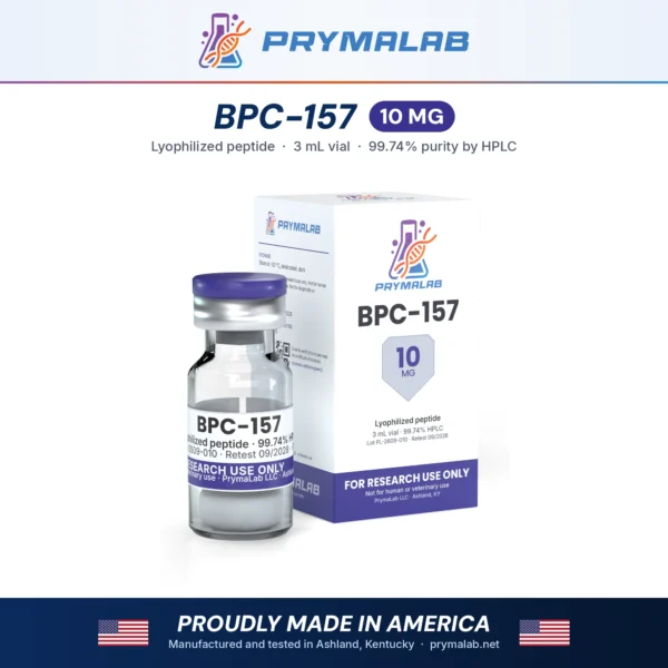 BPC-157 10 mg lyophilized research peptide vial with carton – PrymaLab, made and tested in the USA