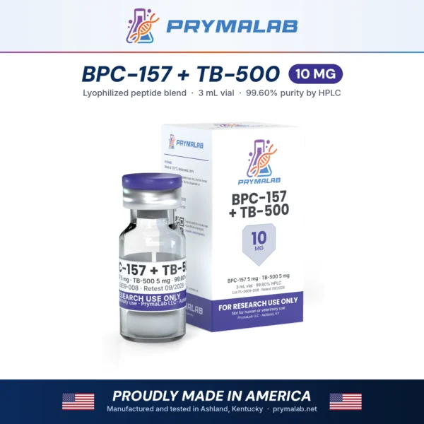 BPC-157 + TB-500 10 mg lyophilized research peptide vial with carton – PrymaLab, made and tested in the USA