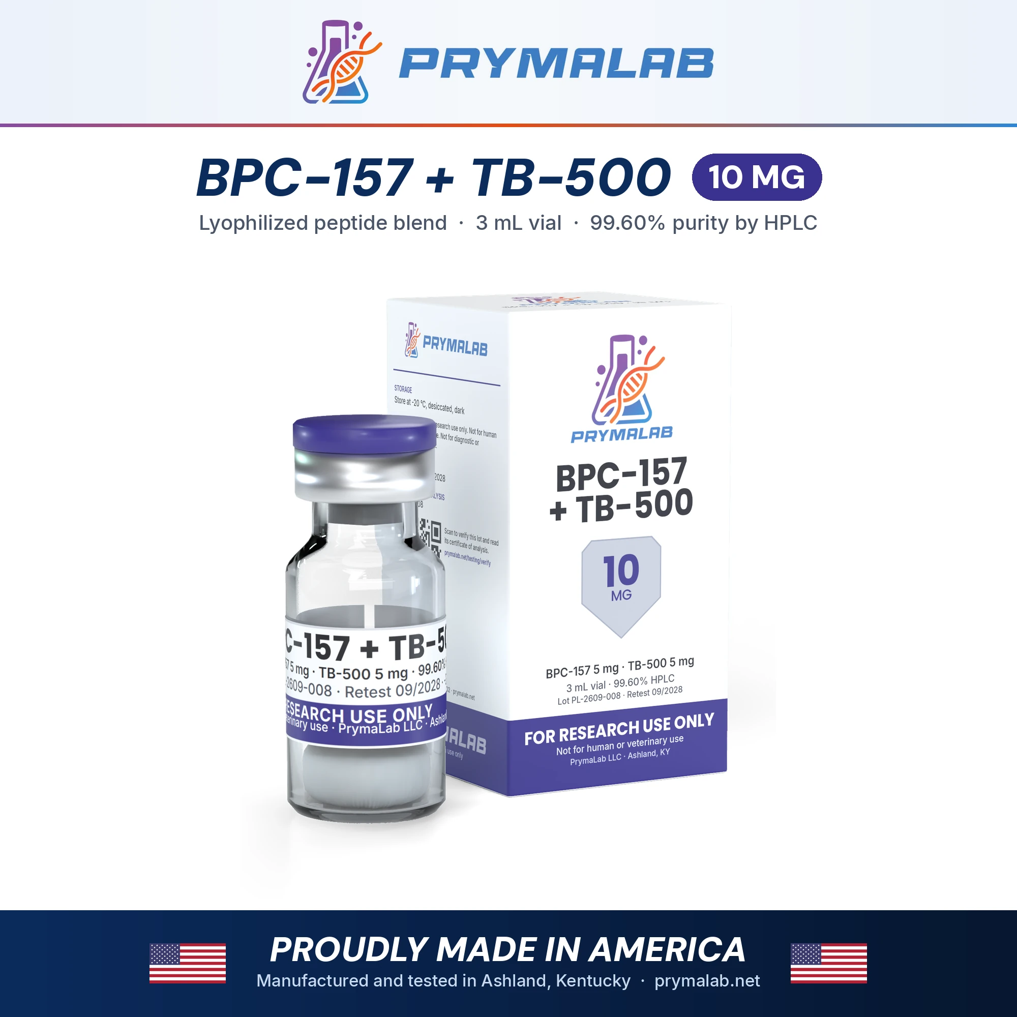 BPC-157 + TB-500 10 mg lyophilized research peptide vial with carton – PrymaLab, made and tested in the USA