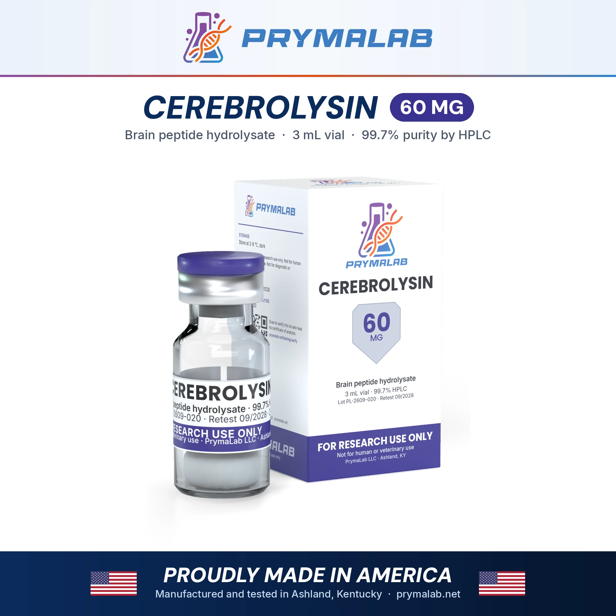 Cerebrolysin 60 mg lyophilized research peptide vial with carton – PrymaLab, made and tested in the USA