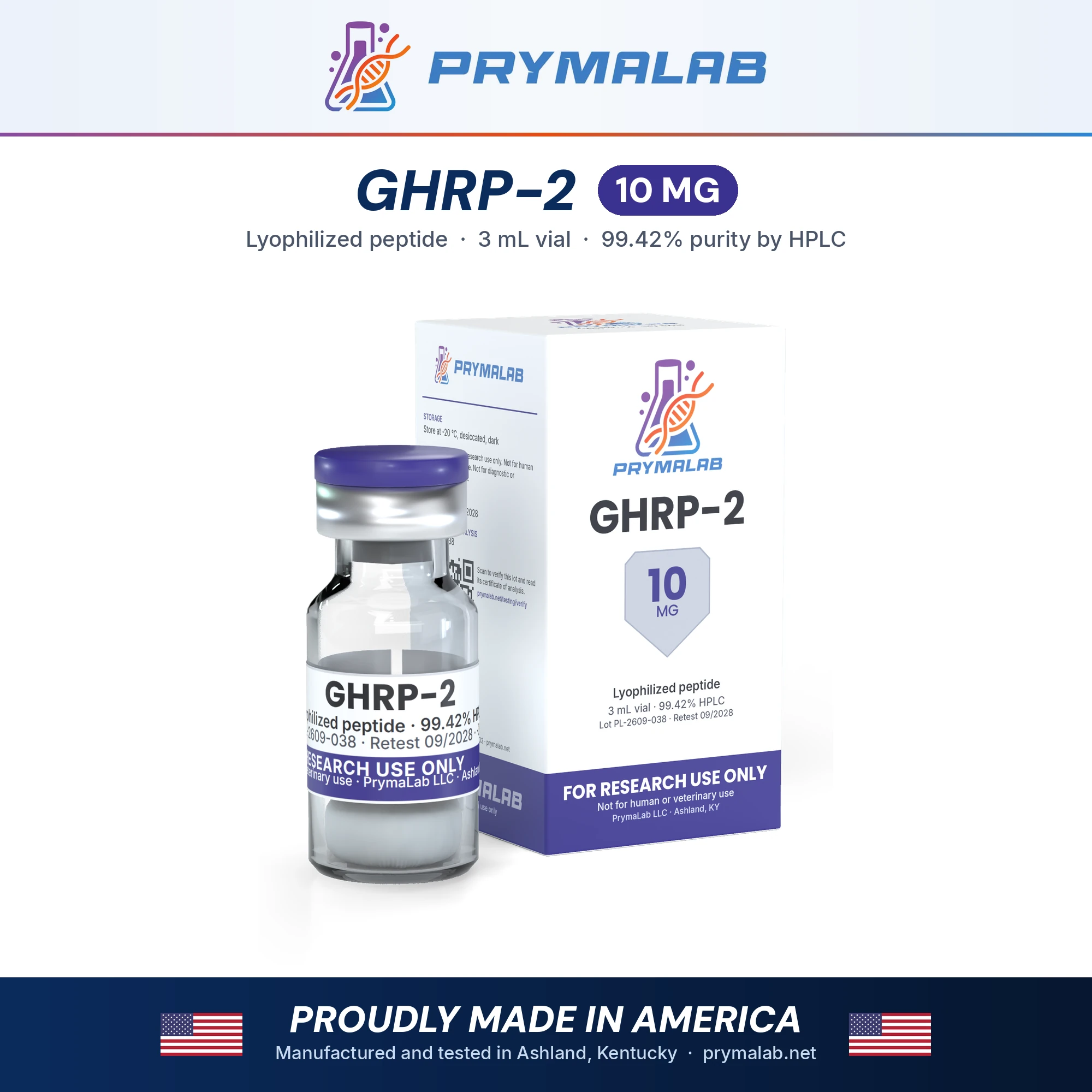 GHRP-2 10 mg lyophilized research peptide vial with carton – PrymaLab, made and tested in the USA