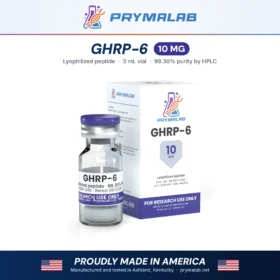 GHRP-6 10 mg lyophilized research peptide vial with carton – PrymaLab, made and tested in the USA