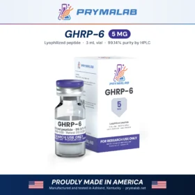 GHRP-6 5 mg lyophilized research peptide vial with carton – PrymaLab, made and tested in the USA