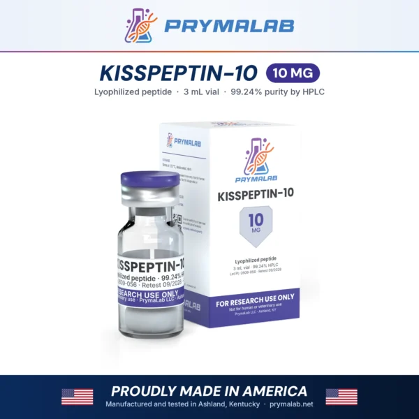 KISSPEPTIN-10 10 mg lyophilized research peptide vial with carton – PrymaLab, made and tested in the USA