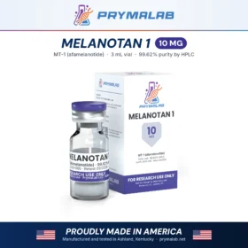 Melanotan 1 10 mg lyophilized research peptide vial with carton – PrymaLab, made and tested in the USA
