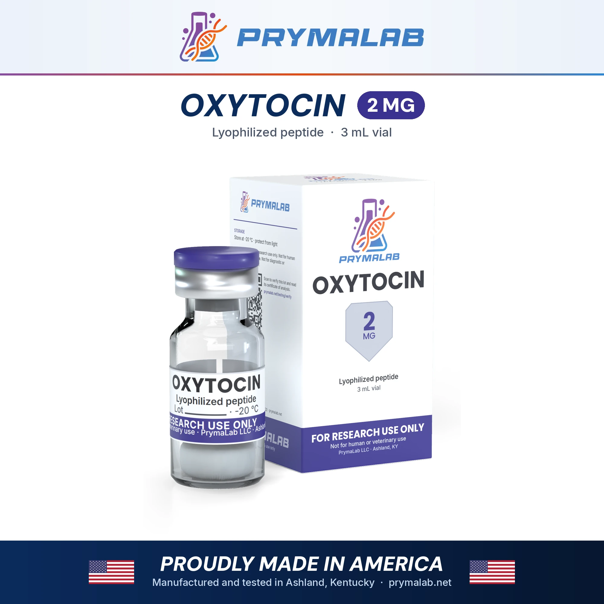 Oxytocin 2 mg lyophilized research peptide vial with carton – PrymaLab, made and tested in the USA