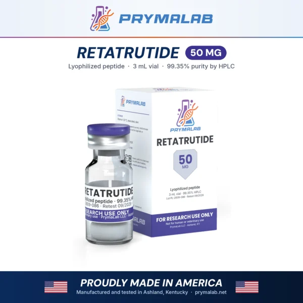 Retatrutide 50 mg lyophilized research peptide vial with carton – PrymaLab, made and tested in the USA