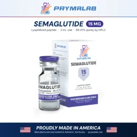 Semaglutide 15 mg lyophilized research peptide vial with carton – PrymaLab, made and tested in the USA