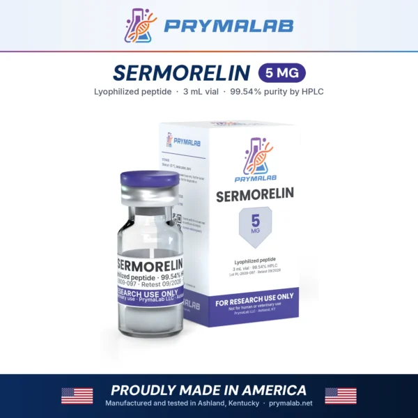 Sermorelin 5 mg lyophilized research peptide vial with carton – PrymaLab, made and tested in the USA