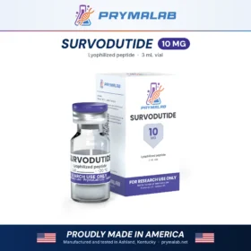 Survodutide 10 mg lyophilized research peptide vial with carton – PrymaLab, made and tested in the USA