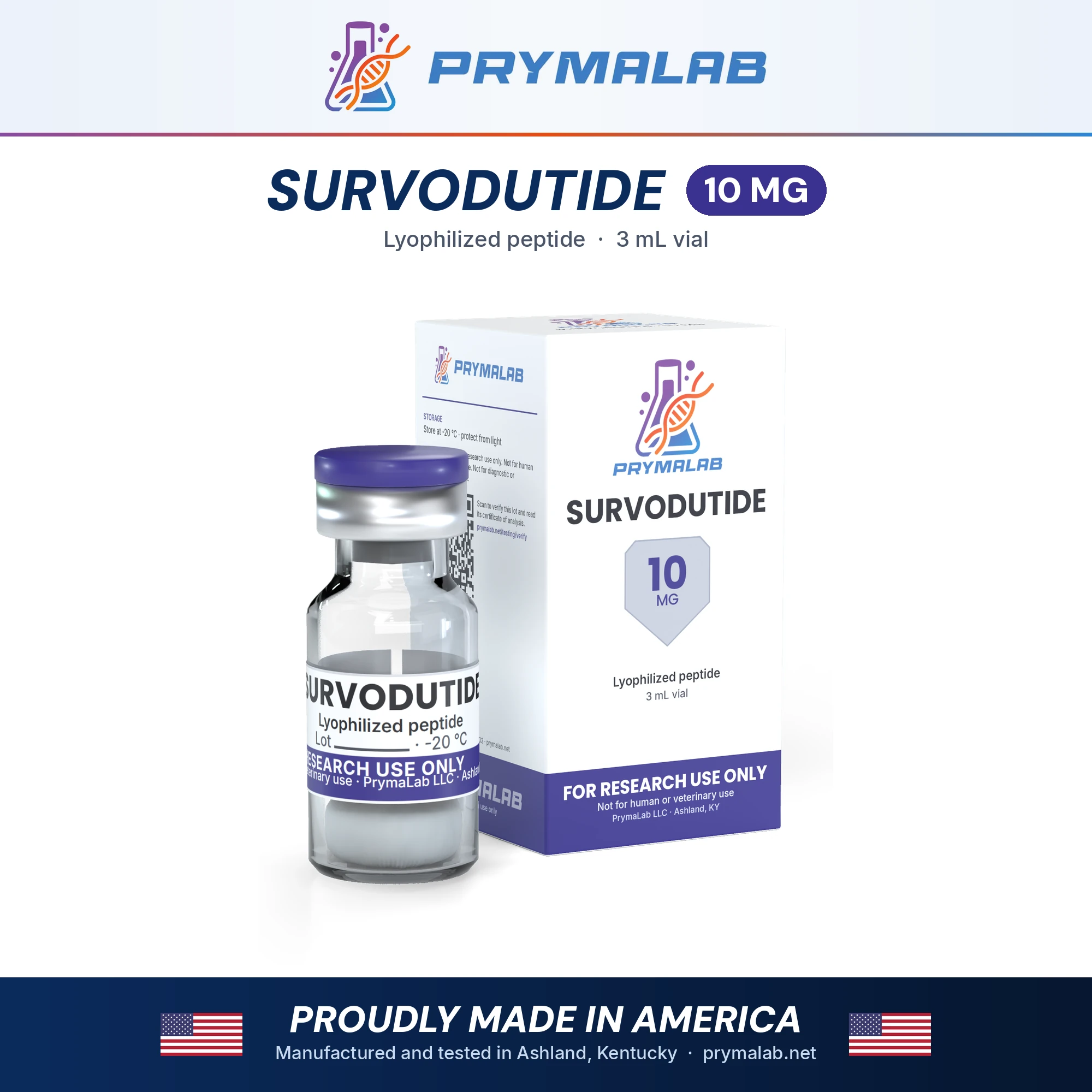 Survodutide 10 mg lyophilized research peptide vial with carton – PrymaLab, made and tested in the USA