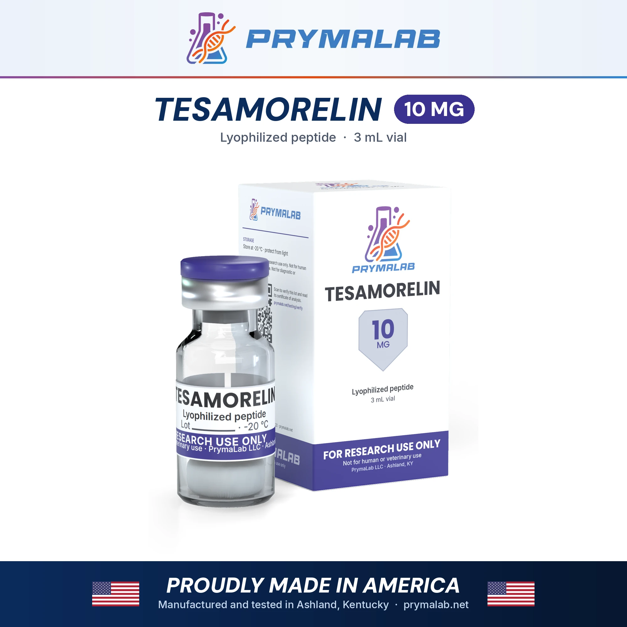 Tesamorelin 10 mg lyophilized research peptide vial with carton – PrymaLab, made and tested in the USA