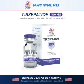 Tirzepatide 100 mg lyophilized research peptide vial with carton – PrymaLab, made and tested in the USA
