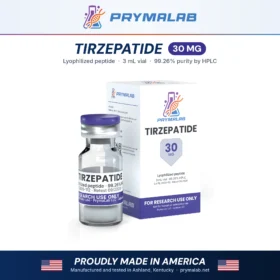 Tirzepatide 30 mg lyophilized research peptide vial with carton – PrymaLab, made and tested in the USA