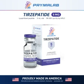 Tirzepatide 5 mg lyophilized research peptide vial with carton – PrymaLab, made and tested in the USA