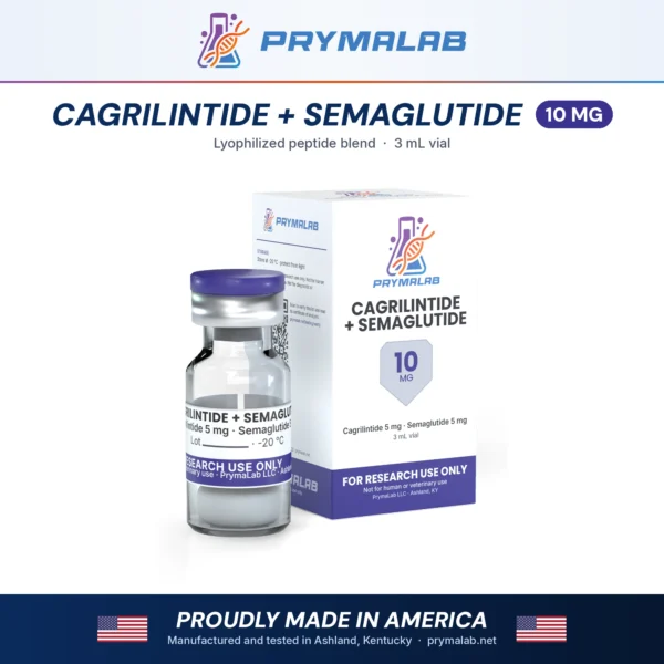 Cagrilintide + Semaglutide 10 mg lyophilized research peptide vial with carton – PrymaLab, made and tested in the USA