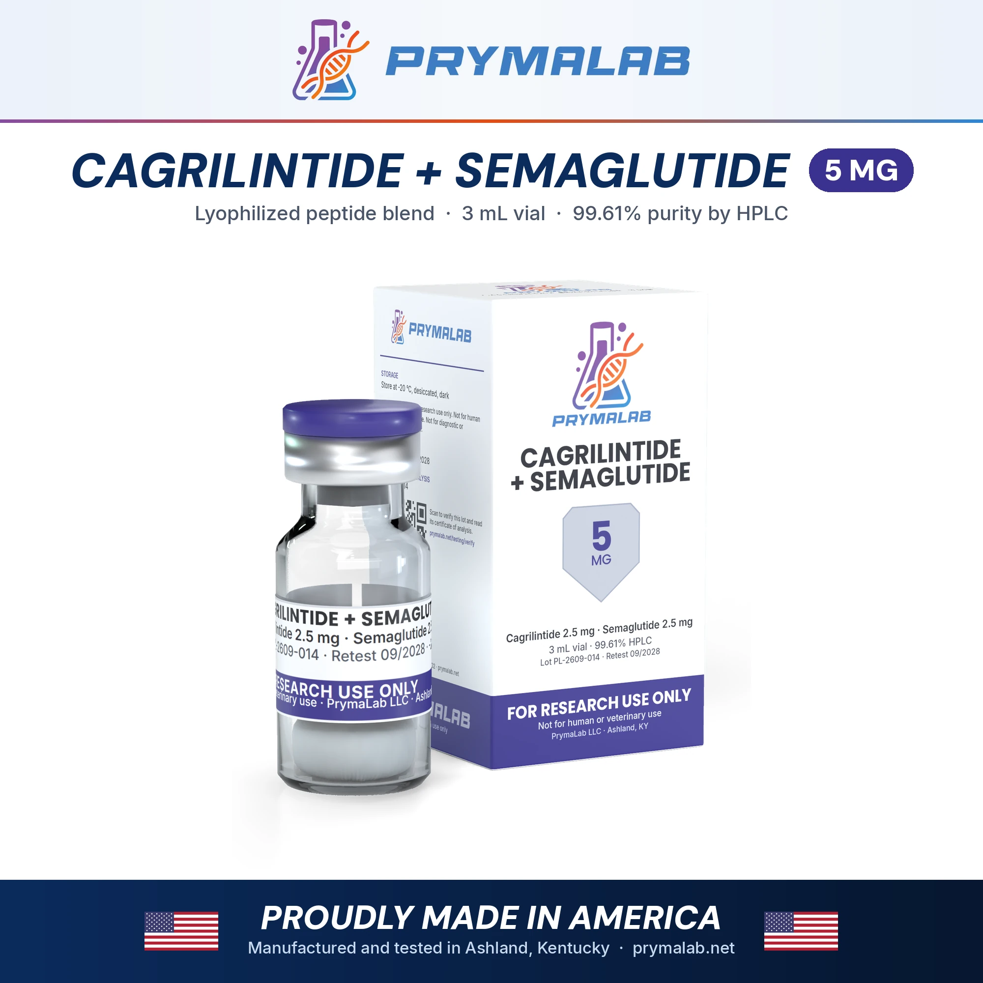 Cagrilintide + Semaglutide 5 mg lyophilized research peptide vial with carton – PrymaLab, made and tested in the USA