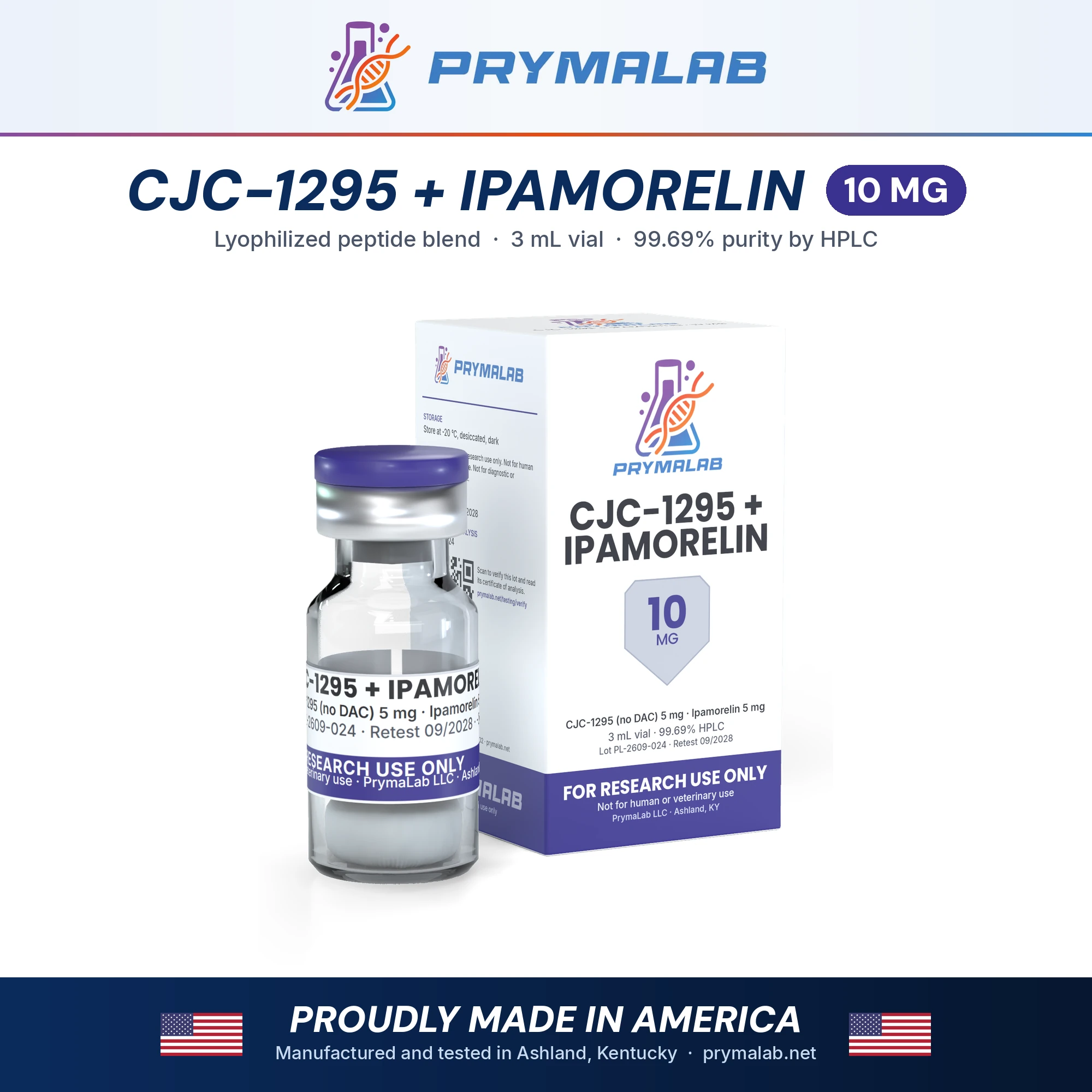 CJC-1295 + Ipamorelin 10 mg lyophilized research peptide vial with carton – PrymaLab, made and tested in the USA