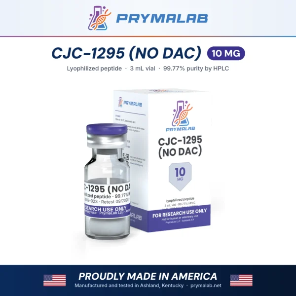 CJC-1295 (NO DAC) 10 mg lyophilized research peptide vial with carton – PrymaLab, made and tested in the USA