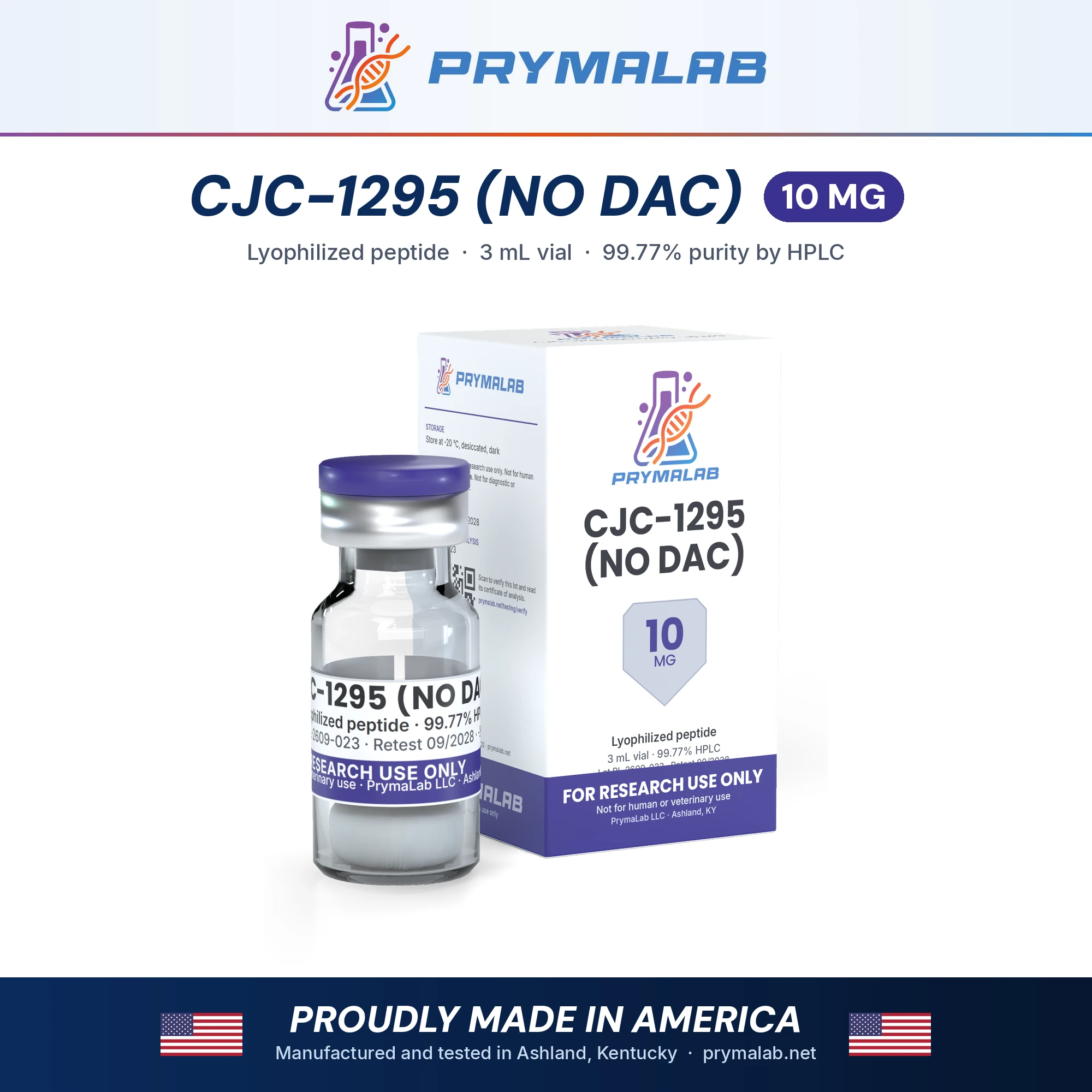 CJC-1295 (NO DAC) 10 mg lyophilized research peptide vial with carton – PrymaLab, made and tested in the USA