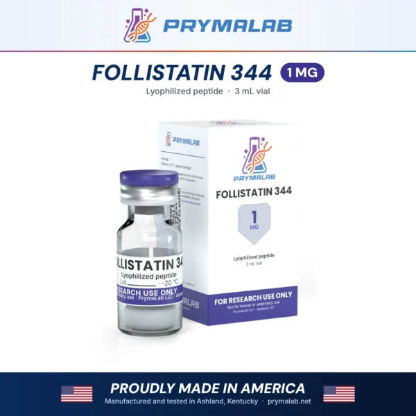 Follistatin 344 1 mg lyophilized research peptide vial with carton – PrymaLab, made and tested in the USA