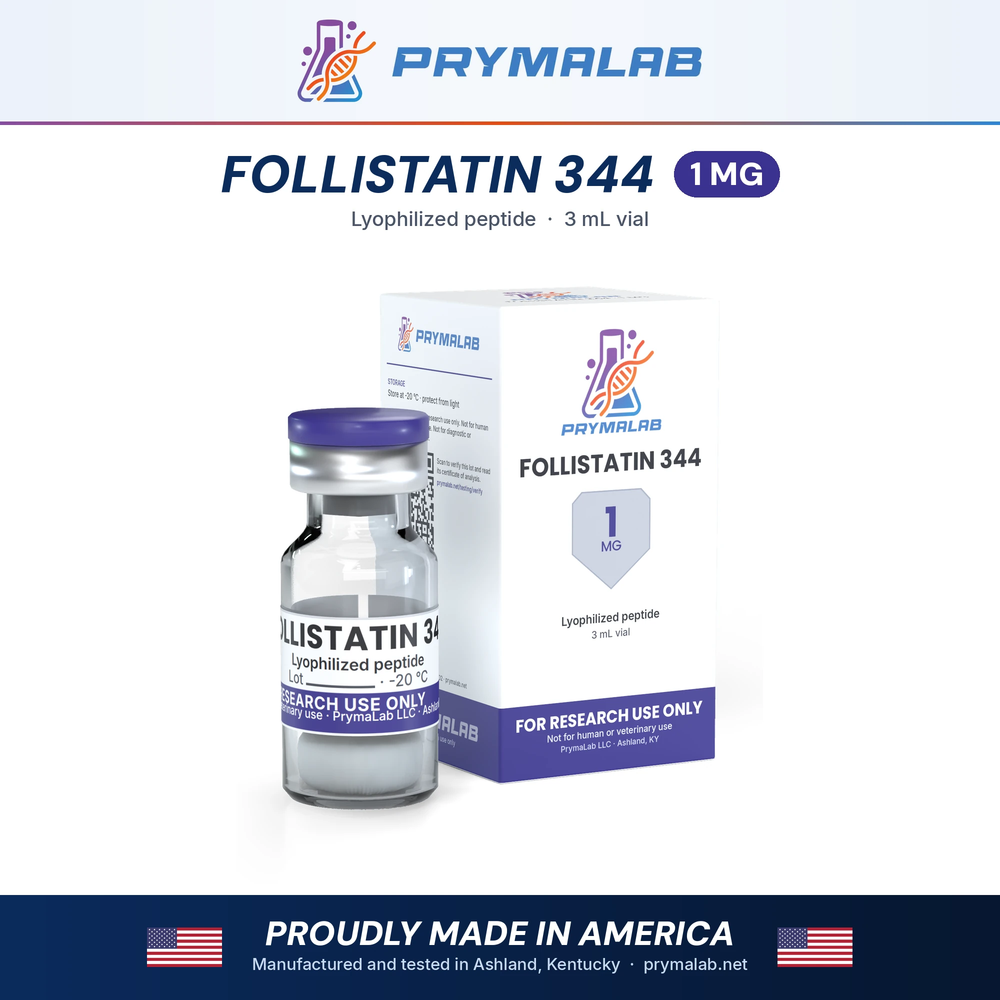 Follistatin 344 1 mg lyophilized research peptide vial with carton – PrymaLab, made and tested in the USA