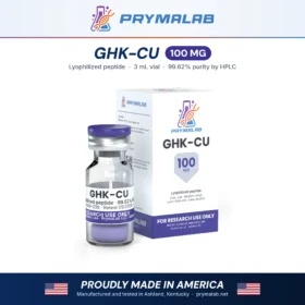 GHK-CU 100 mg lyophilized research peptide vial with carton – PrymaLab, made and tested in the USA