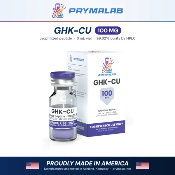 GHK-CU 100 mg lyophilized research peptide vial with carton – PrymaLab, made and tested in the USA