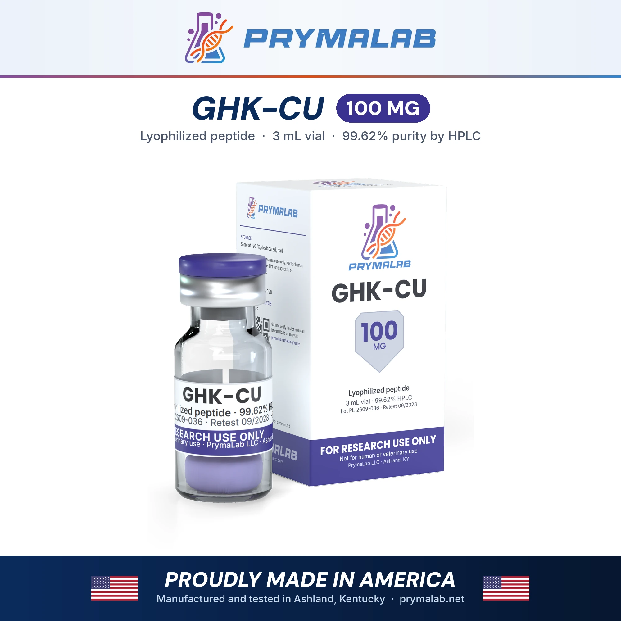 GHK-CU 100 mg lyophilized research peptide vial with carton – PrymaLab, made and tested in the USA