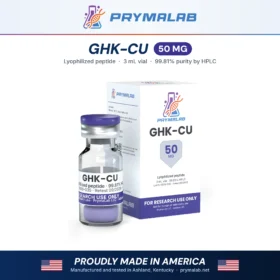 GHK-CU 50 mg lyophilized research peptide vial with carton – PrymaLab, made and tested in the USA