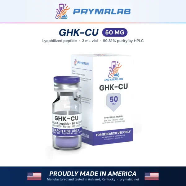GHK-CU 50 mg lyophilized research peptide vial with carton – PrymaLab, made and tested in the USA