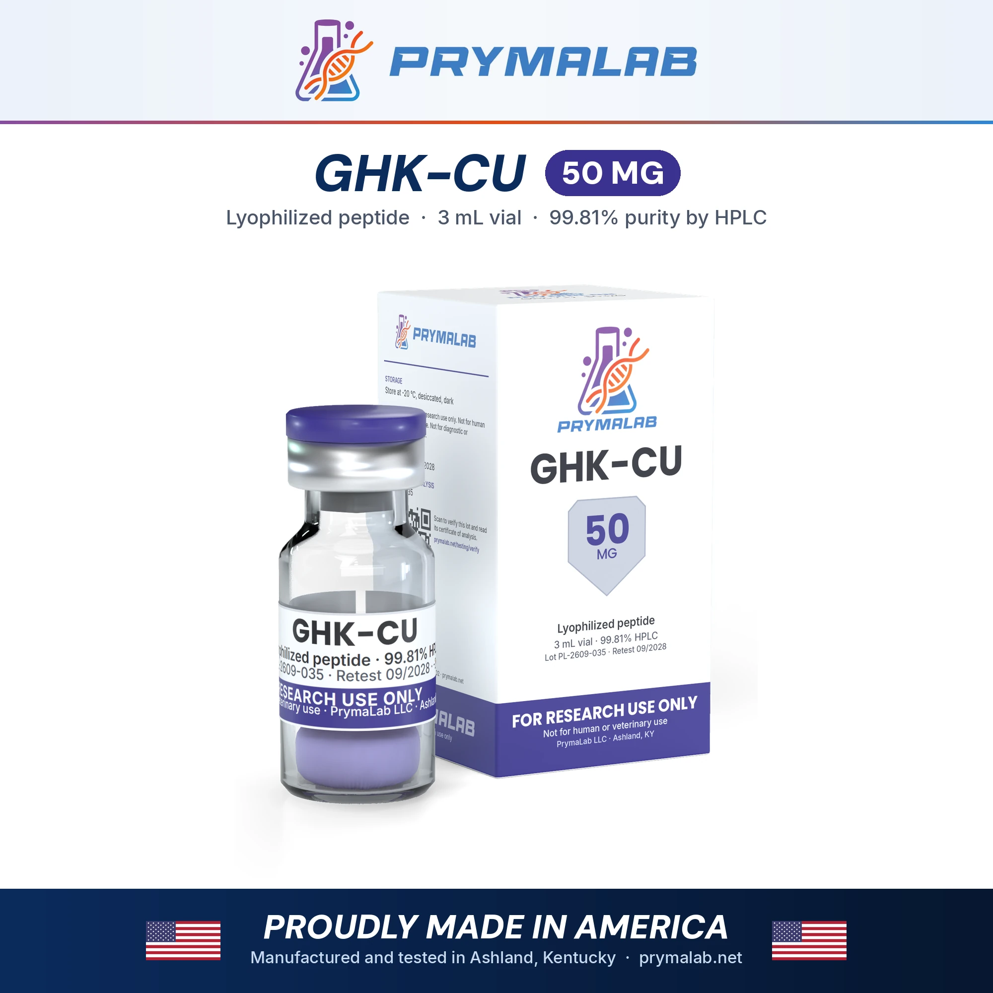 GHK-CU 50 mg lyophilized research peptide vial with carton – PrymaLab, made and tested in the USA