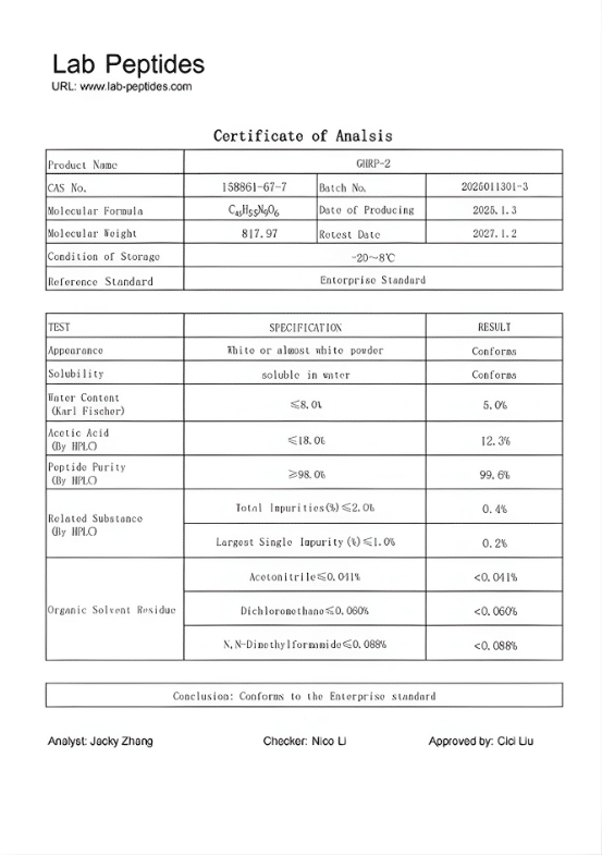 GHRP‑2 10mg COA (Certificate of Analysis) validating research‑grade peptide via LC‑MS identity and HPLC purity