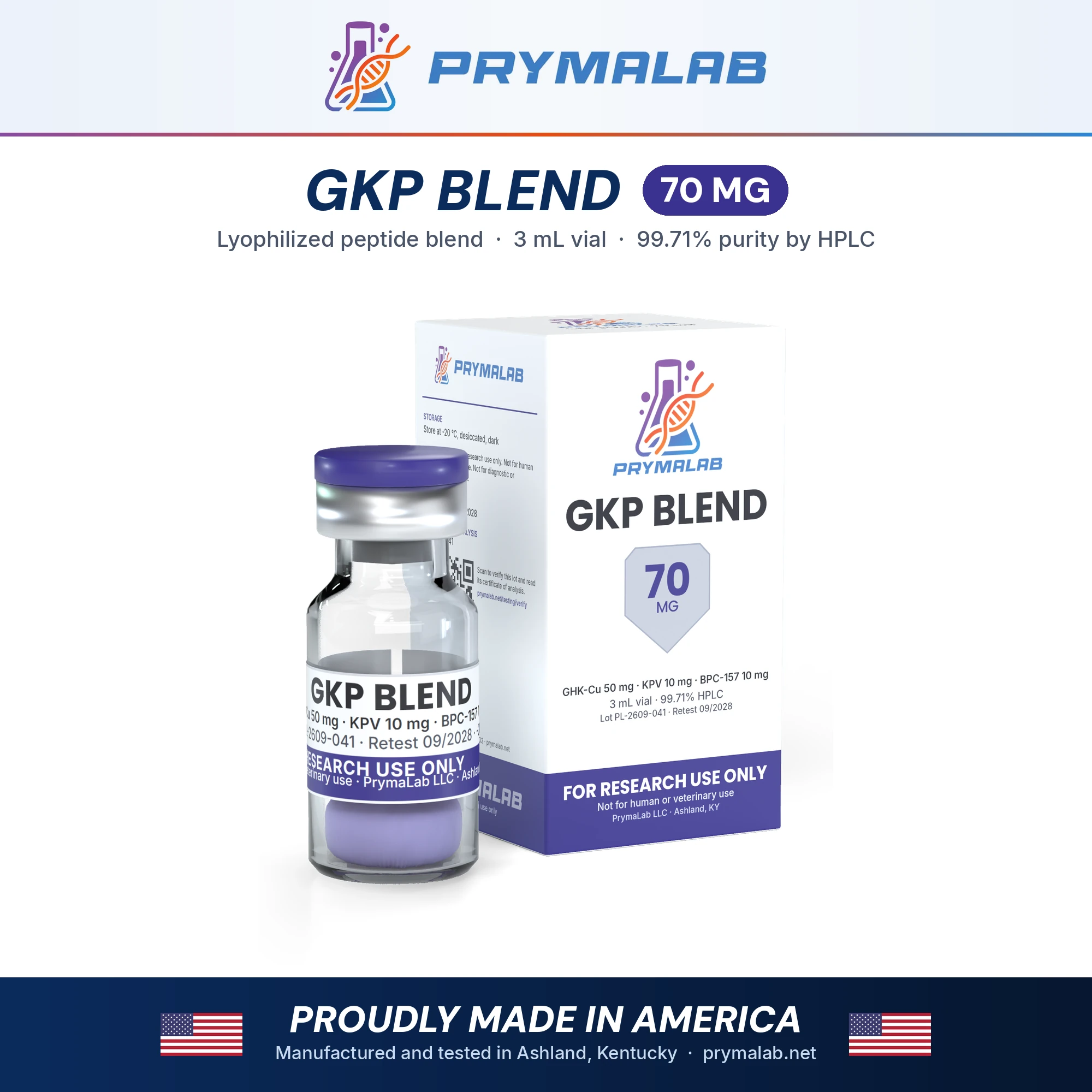 GKP Blend 70 mg lyophilized research peptide vial with carton – PrymaLab, made and tested in the USA