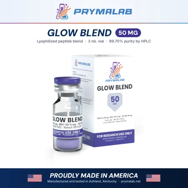 GLOW Blend 50 mg lyophilized research peptide vial with carton – PrymaLab, made and tested in the USA