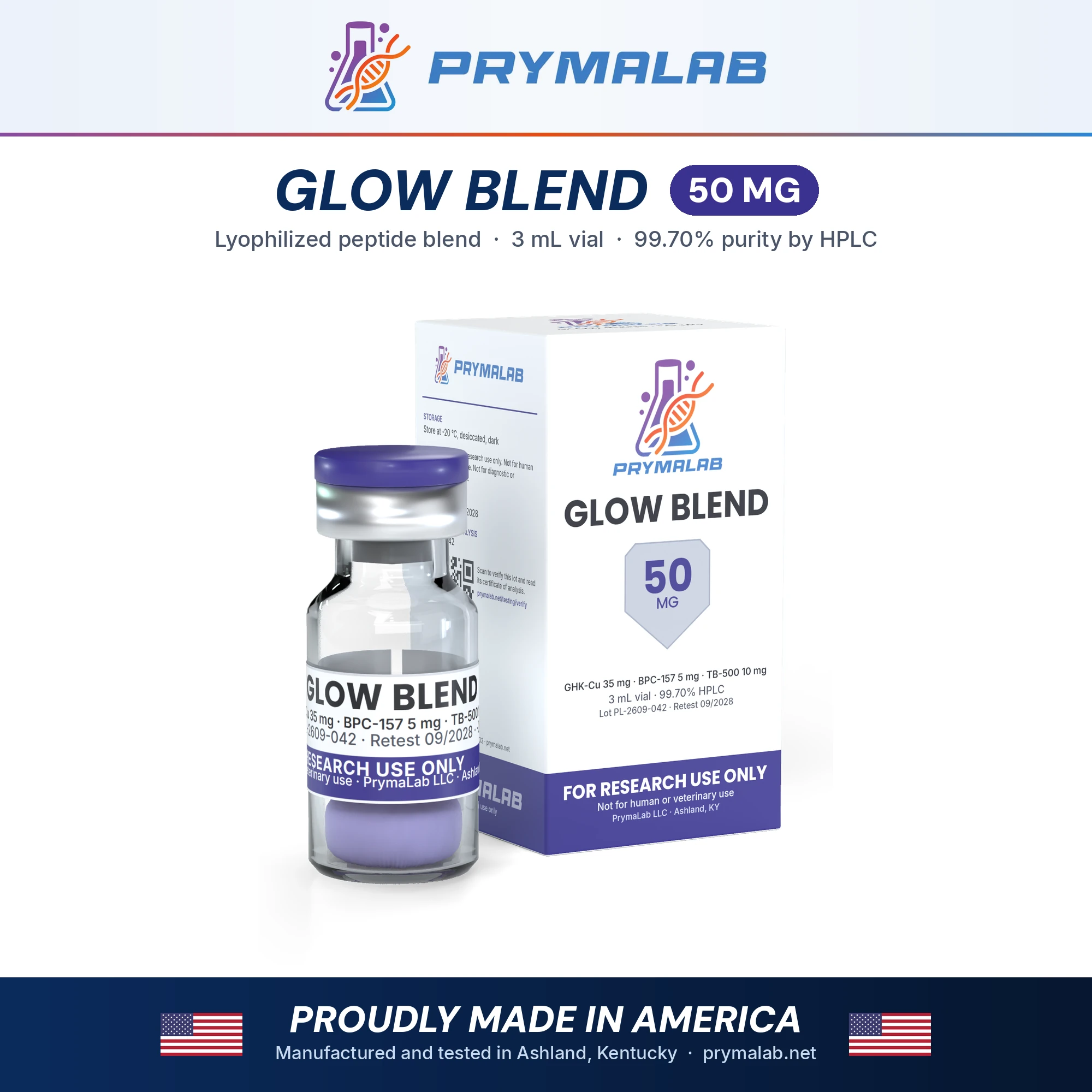 GLOW Blend 50 mg lyophilized research peptide vial with carton – PrymaLab, made and tested in the USA