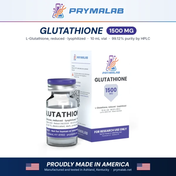 Glutathione 1500 mg lyophilized research peptide vial with carton – PrymaLab, made and tested in the USA
